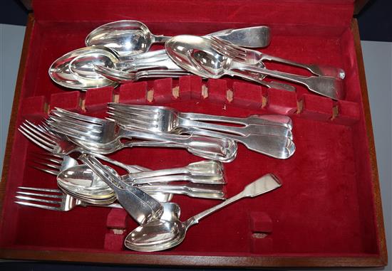 A 30 piece matched part canteen of 19th century silver fiddle pattern flatware, various dates and makers, 51 oz.